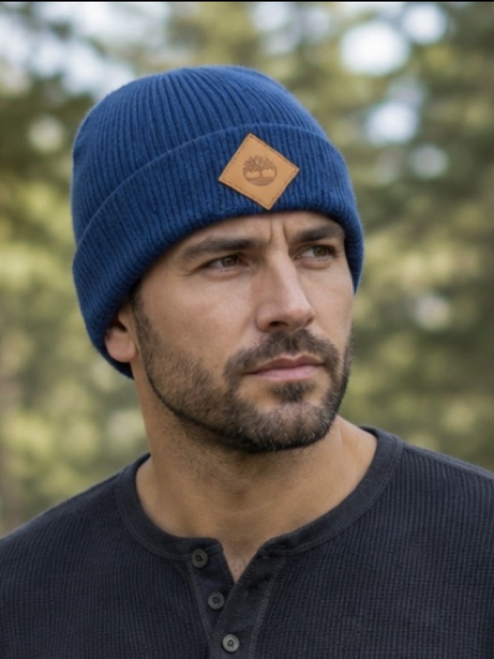 Timberland Blue Knit Beanie with Tan Logo Patch One Size